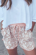 Khaki Classic Leopard Arched Hem Elastic Waistband Casual Shorts