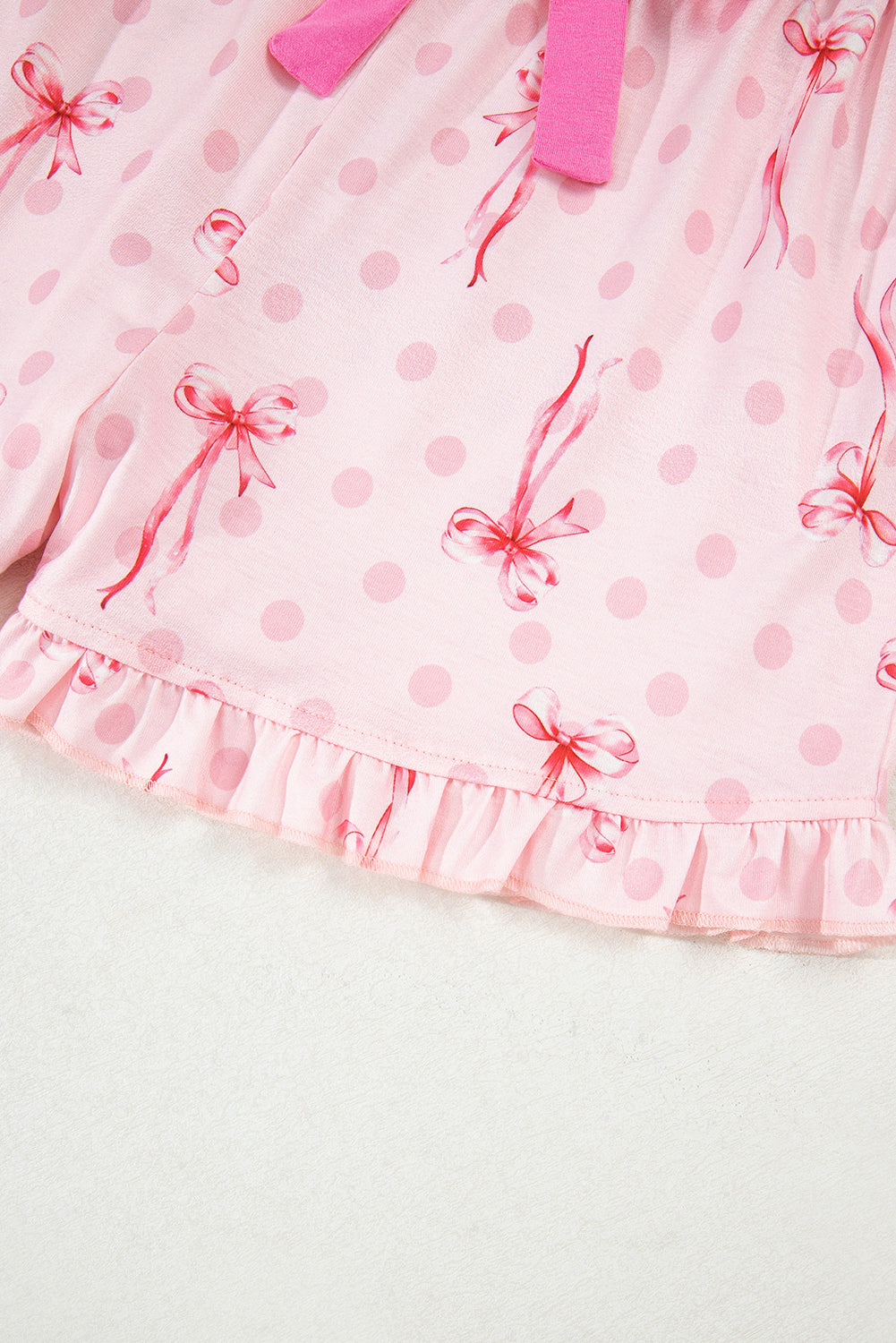 Pink Bow Print Contrast Pipping Short Pajamas Set
